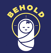 A simple graphic of a swaddled baby with a halo and closed eyes, surrounded by the word “BEHOLD” in yellow, on a dark blue background—created for Lutheran Church Aldie Virginia.