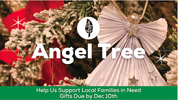 A paper angel ornament hangs on a snowy Christmas tree with white and red decorations at Lutheran Church Aldie Virginia. Text reads: Angel Tree. Help Us Support Local Families in Need. Gifts Due by Dec 10th.
