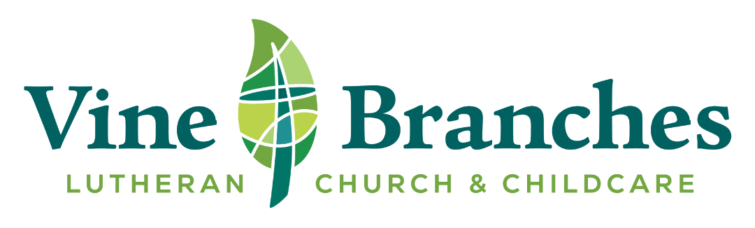 Logo for Vine Branches Lutheran Church & Childcare in Aldie, Virginia. The design features a stylized green leaf with interwoven white lines between “Vine” and “Branches.” Text below reads “Lutheran Church & Childcare.”.