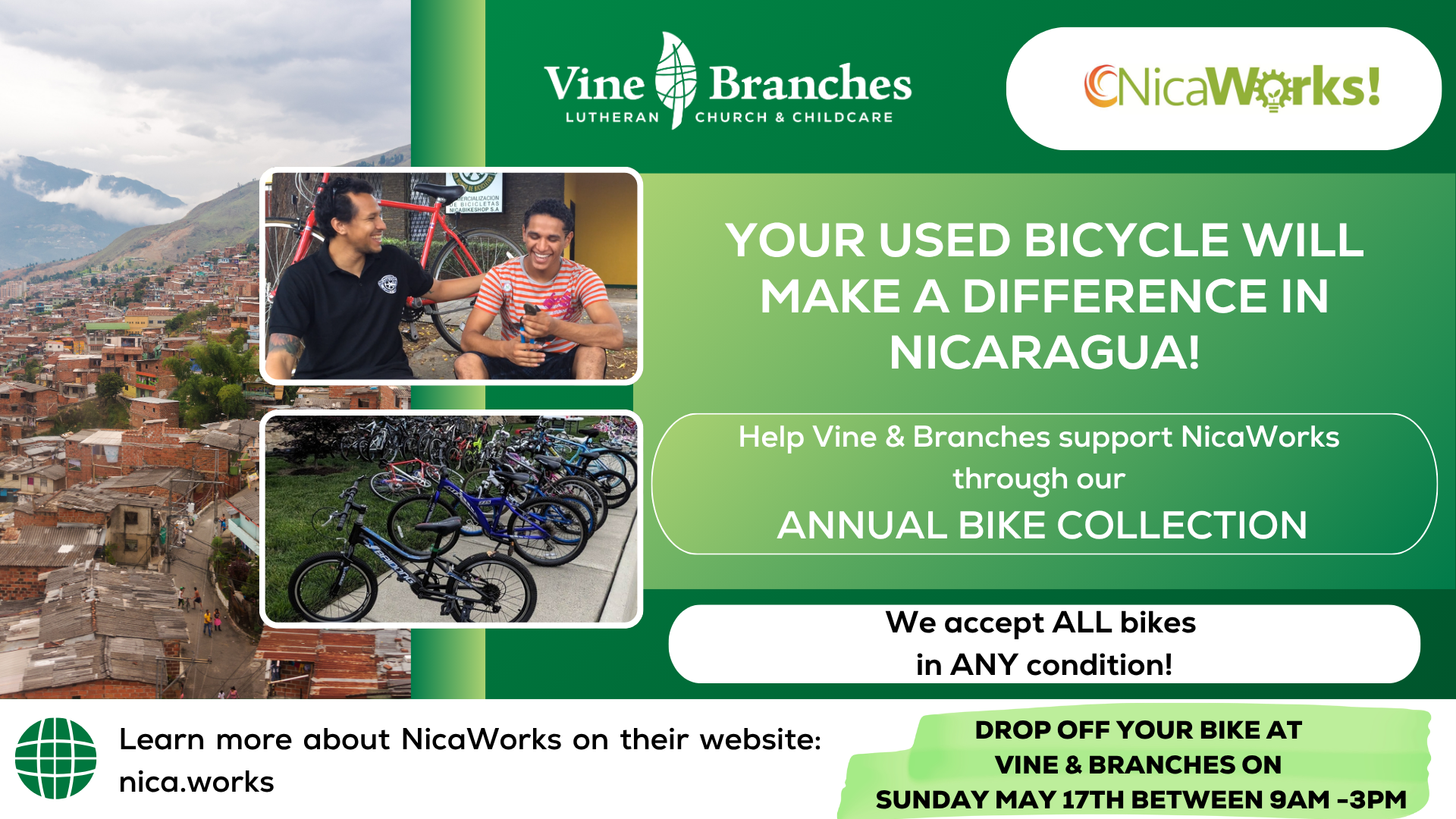 A flyer for a bike donation event in Nicaragua. It features photos of people talking, a group with bikes, and a Nicaraguan city. Event details include drop-off date, time, and location, plus a call to donate any bike.