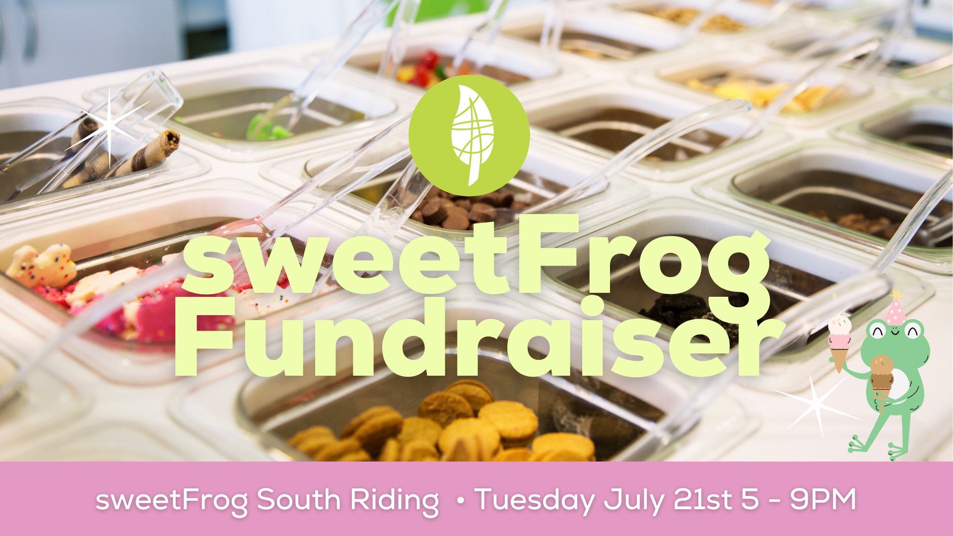 Self-serve frozen yogurt toppings bar with various toppings. Text reads: sweetFrog Fundraiser. sweetFrog South Riding • Tuesday July 21st 5 - 9PM. A cartoon frog holds a wand in the bottom right corner.