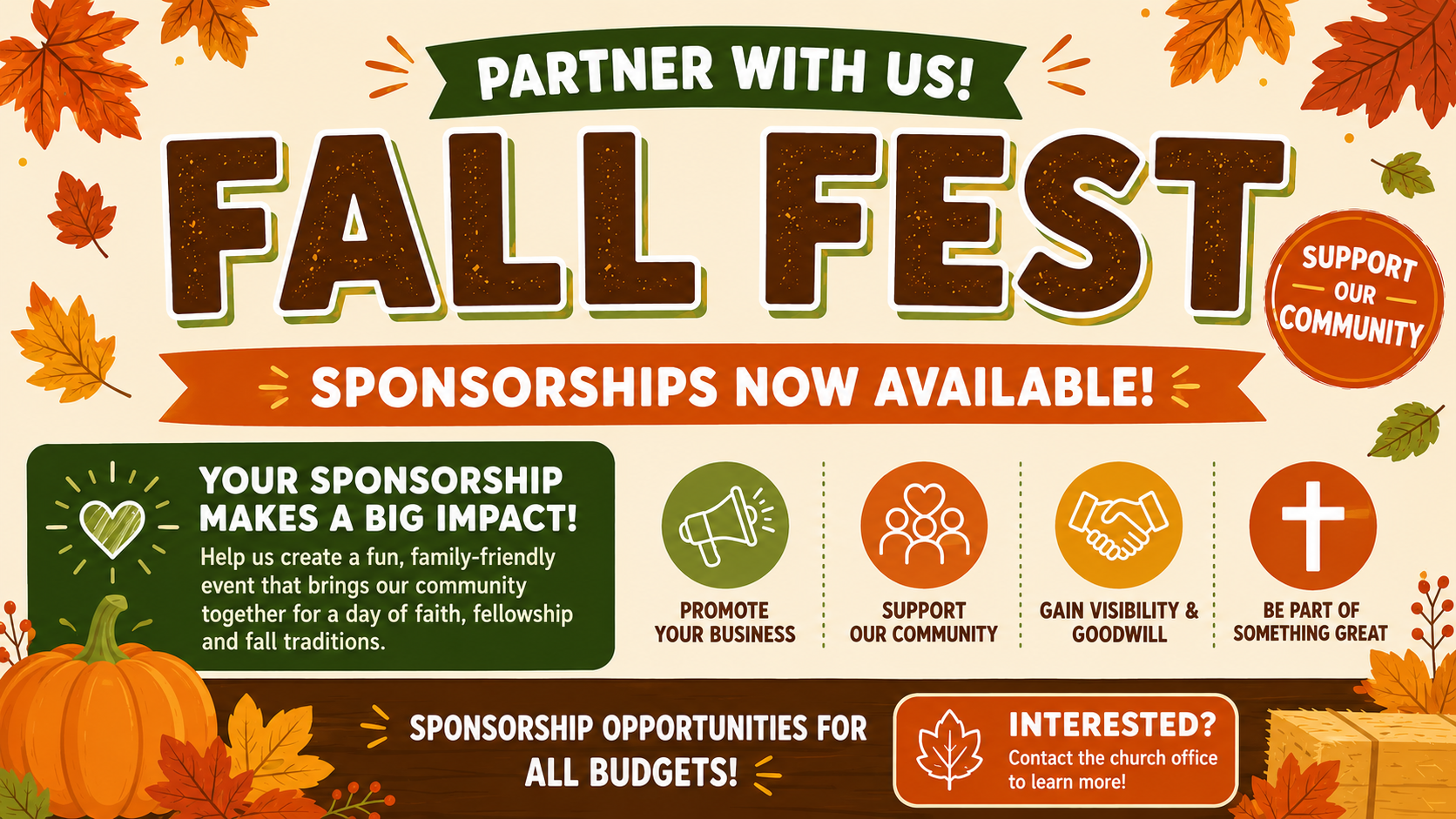 Colorful Fall Fest sponsorship flyer with autumn leaves, pumpkins, and icons describing sponsorship benefits. It invites community support, offers sponsorship opportunities, and encourages contacting the church for more info.