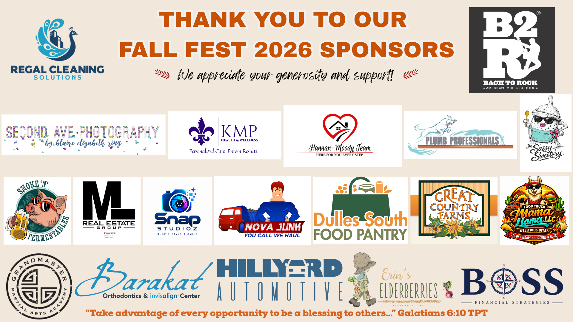 Banner thanking Fall Fest 2026 sponsors, featuring the logos of 17 local businesses and organizations, with a quote at the bottom.